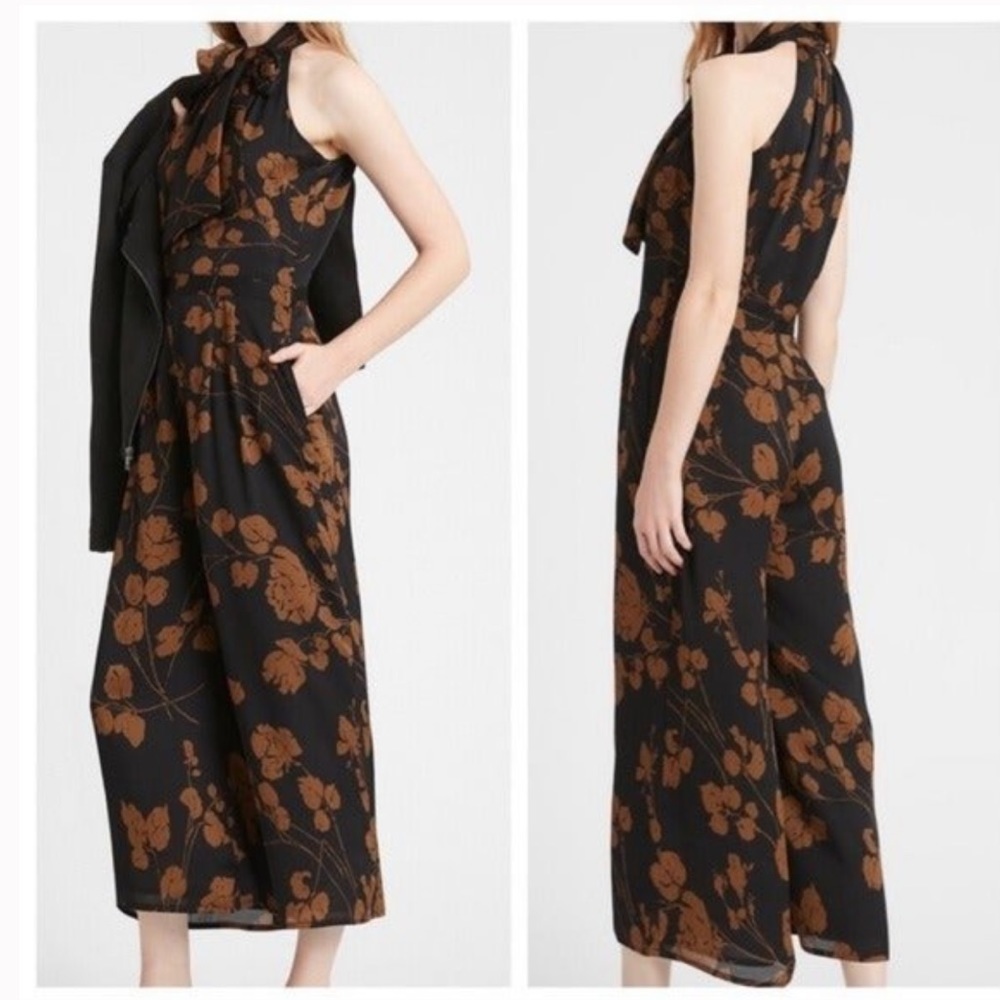 Banana Republic Floral Halter Wide Leg Jumpsuit Black Brown Size 8